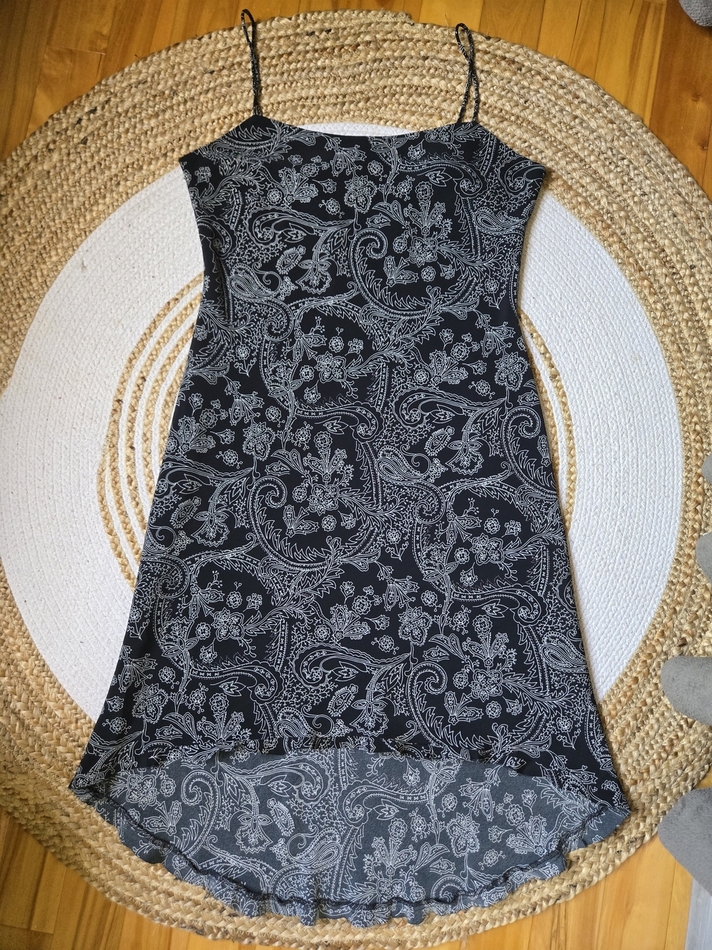 Vintage Y2K Jessica Black & White Paisley High-Low Slip Dress Whimsigoth Grunge